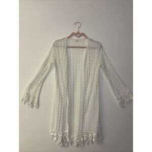 Crochet Blu Planet Sweater Sz Med Knit Bell Sl White Boho Hippie Cottage Peasant